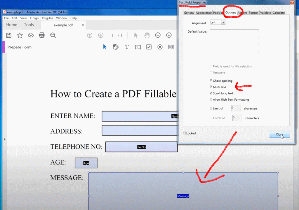 Add multi-line text pdf form field