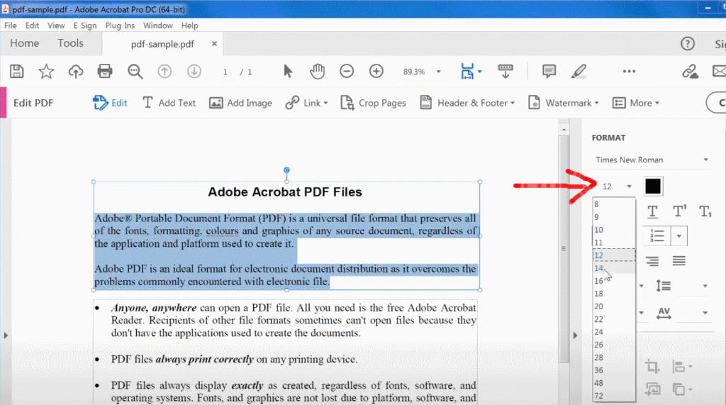 Change the font size in a PDF