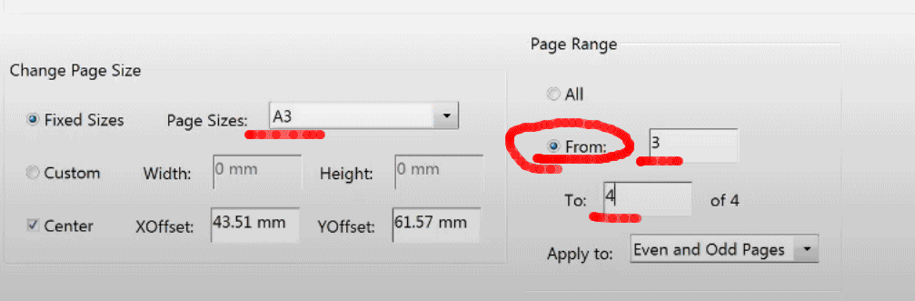 How to change pdf pages size using a range